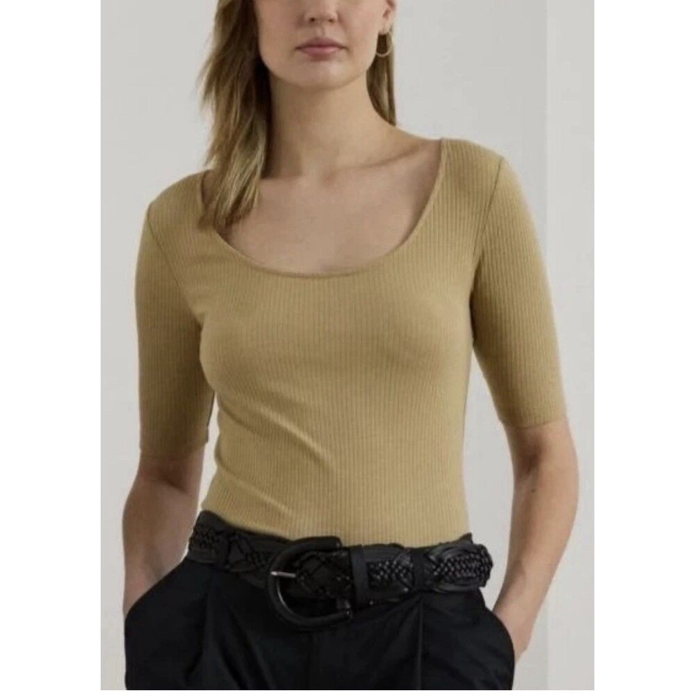 $79 Lauren Ralph Lauren Rib-Knit Cotton-Blend Elbow-Sleeve Tee Tan Size S